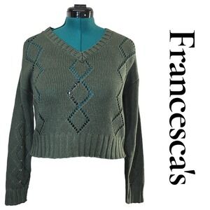 Francescas Olive Green V Neck Diamond Cutout‎ Knit Sweater Size Small